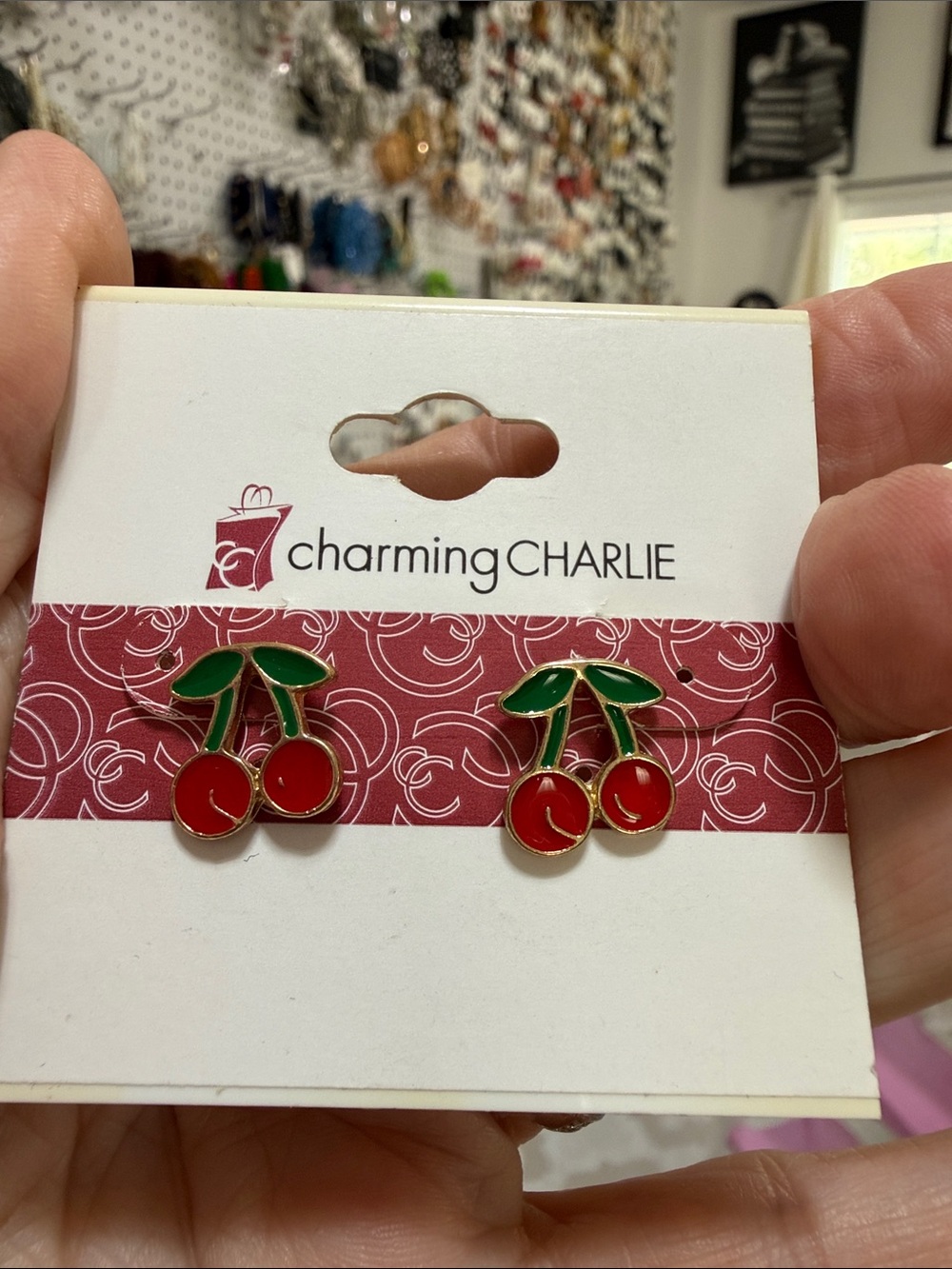 Charming Charlie Red & Green Cherry Stud Earrings for Kids